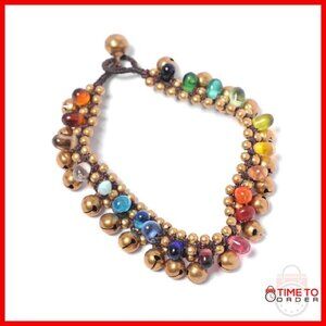 Brass Anklet with Bells and Glass Beads - 25cm Length - Boho Style